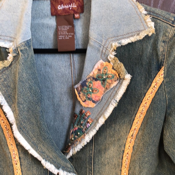 VINTAGE CHAGALL DENIM EMBELLISHED SMJACKET-HIPPIE BOHO APPLIQUÉ BEAD SEQUIN #043 - Picture 1 of 14